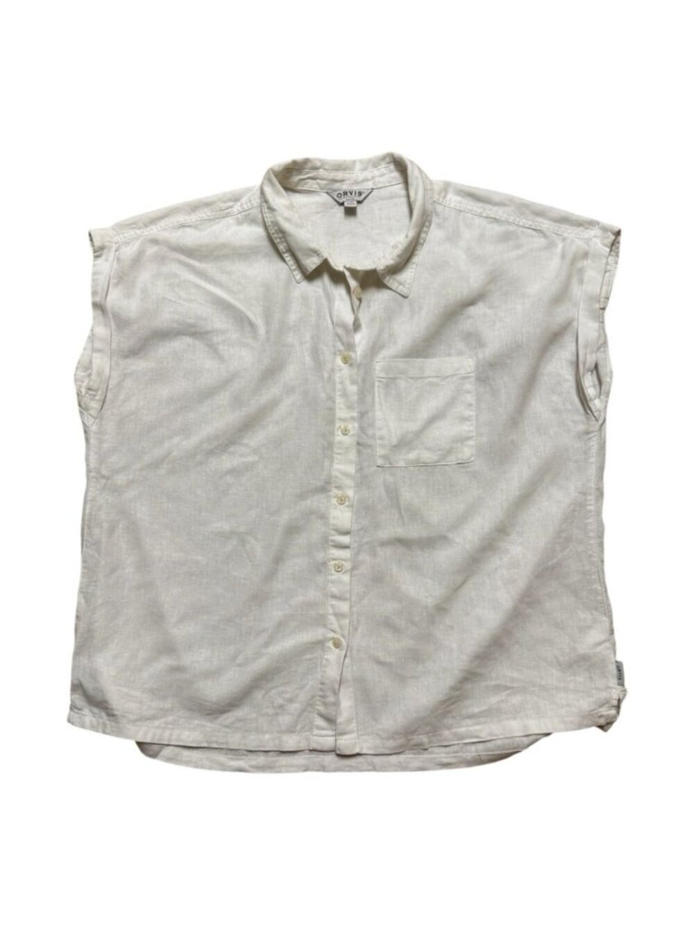 Orvis Linen Blend Boxy Button Front Shirt White Cap Sleeve Size Large